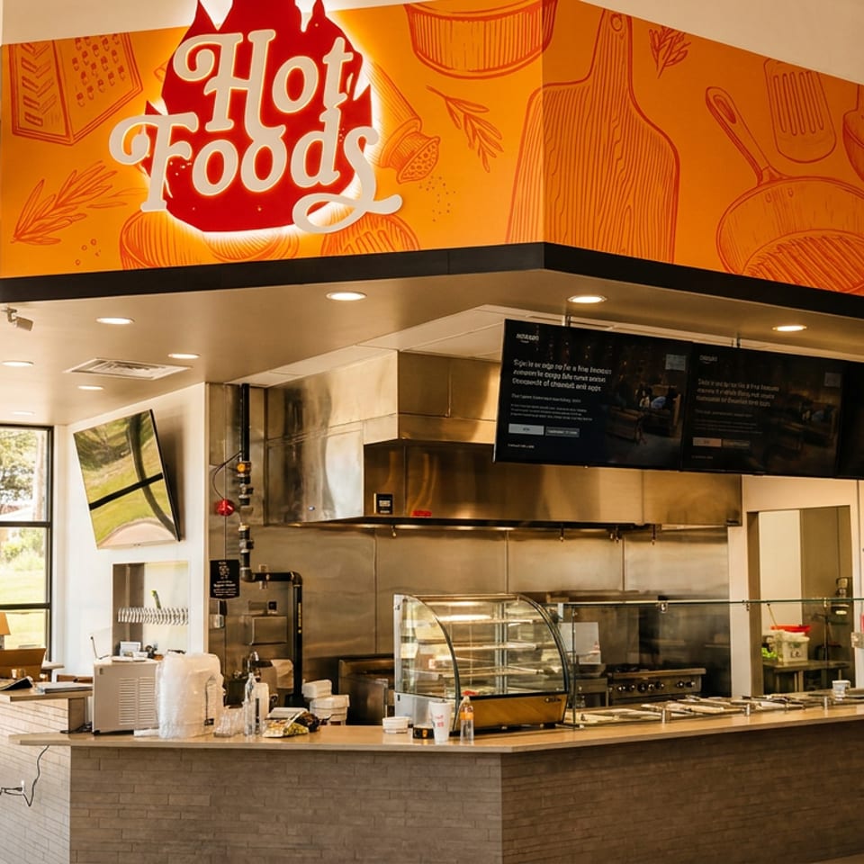 Modern restaurant interior with "Hot Foods" and "Draft Beer" signs, kitchen counter, and orange cooking mural.