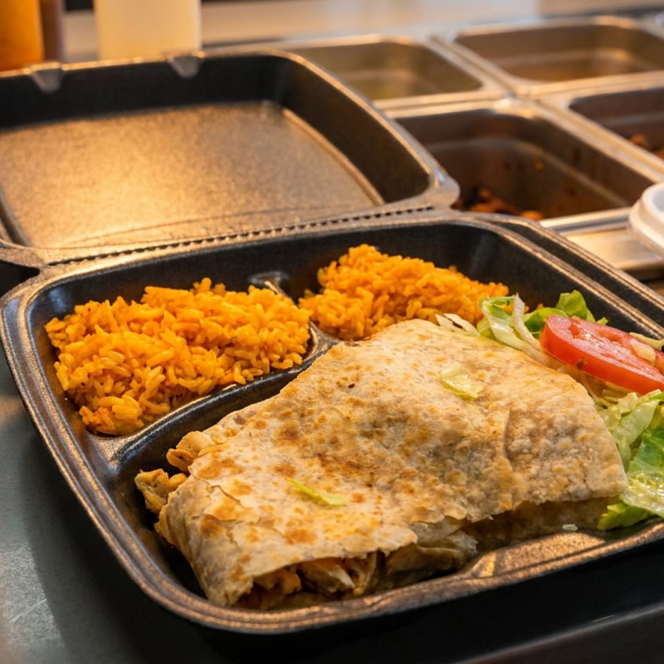 Take-out container with a quesadilla, rice, and salad on a counter with food warmers.