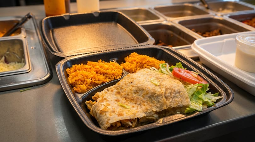 Take-out container with a quesadilla, rice, and salad on a counter with food warmers.